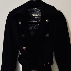 Guess Black Wool Double Breasted Belted Trench Coat Gold Buttons